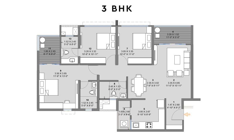 3 BHK Floor Plan — The Reserve by Kolte Patil, Sinhgad Road Pune
